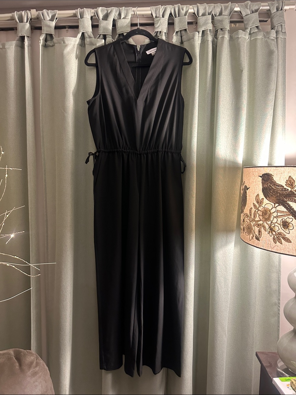 Calvin Klein black satin wide leg jumpsuit, size eight, V-neck, elegant